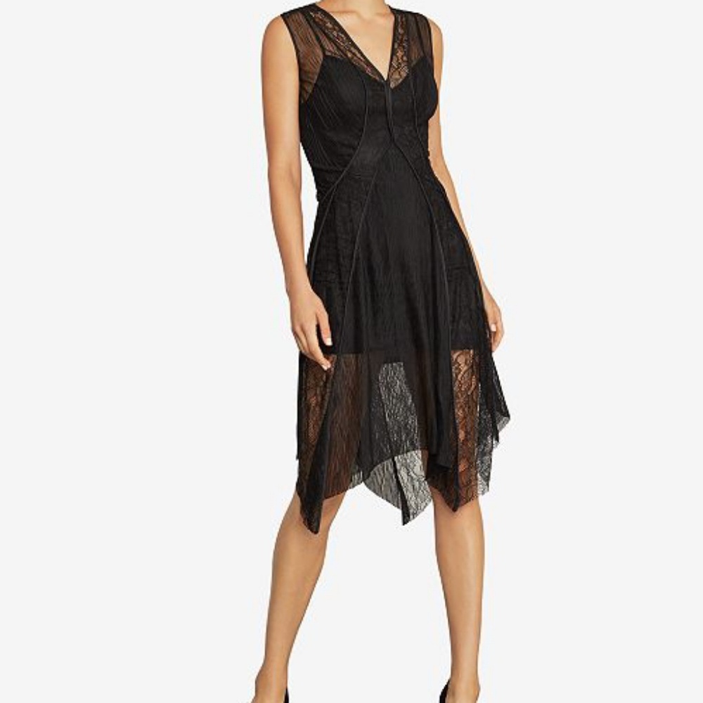 BCBGMAXAZRIA black asymmetrical lace-trimmed dress